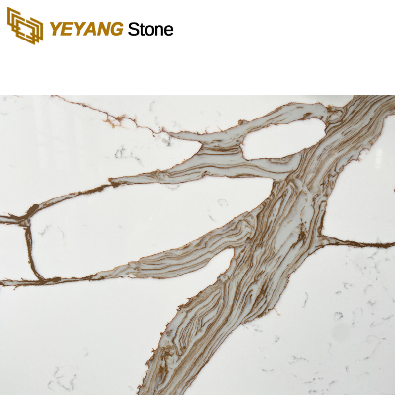 Bookmatched Quartz Slab with Gold Veins on Wall B4056