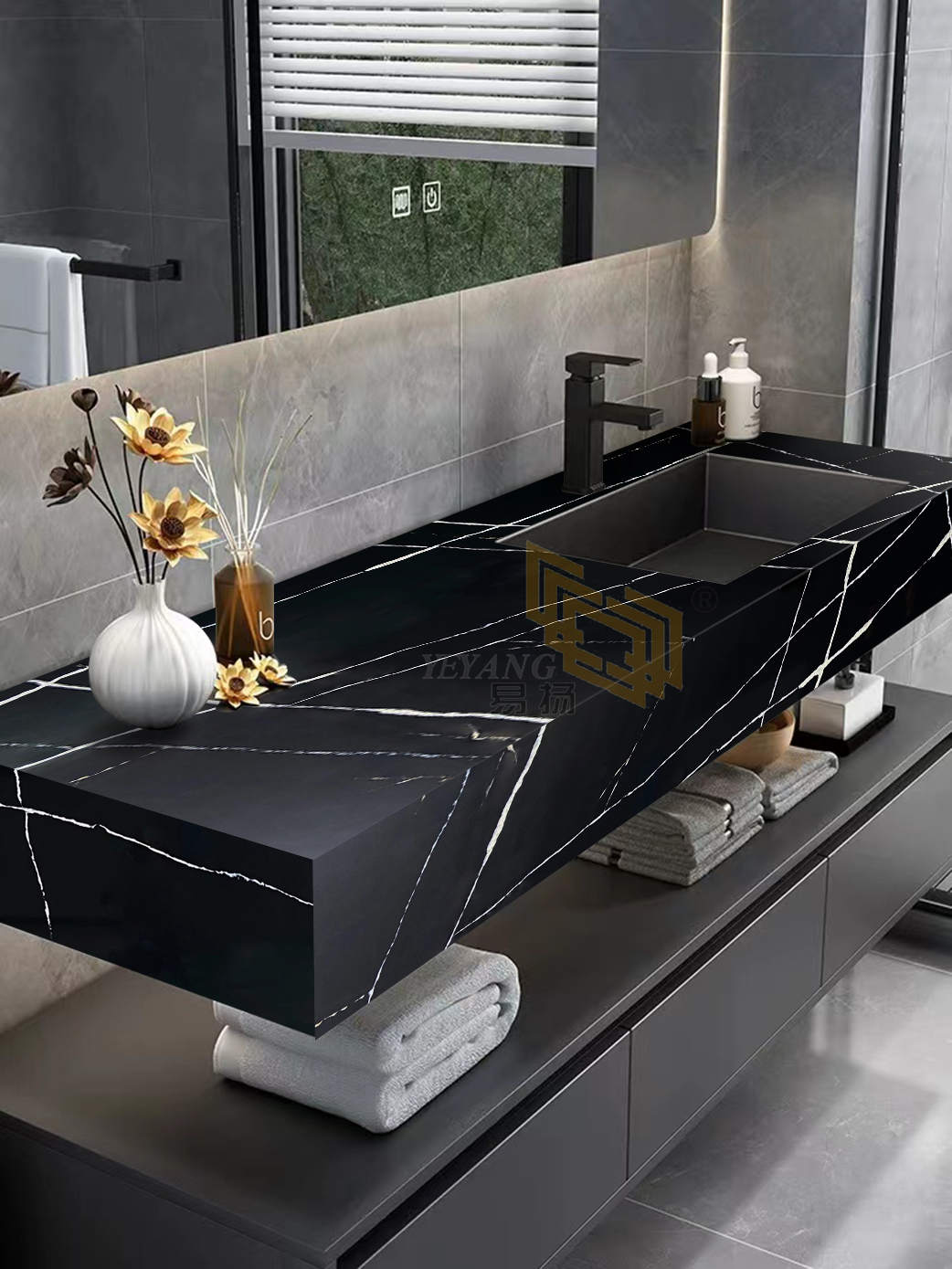 Black Quartz Slab with White Gold Vein for Bathroom Countertop B4055